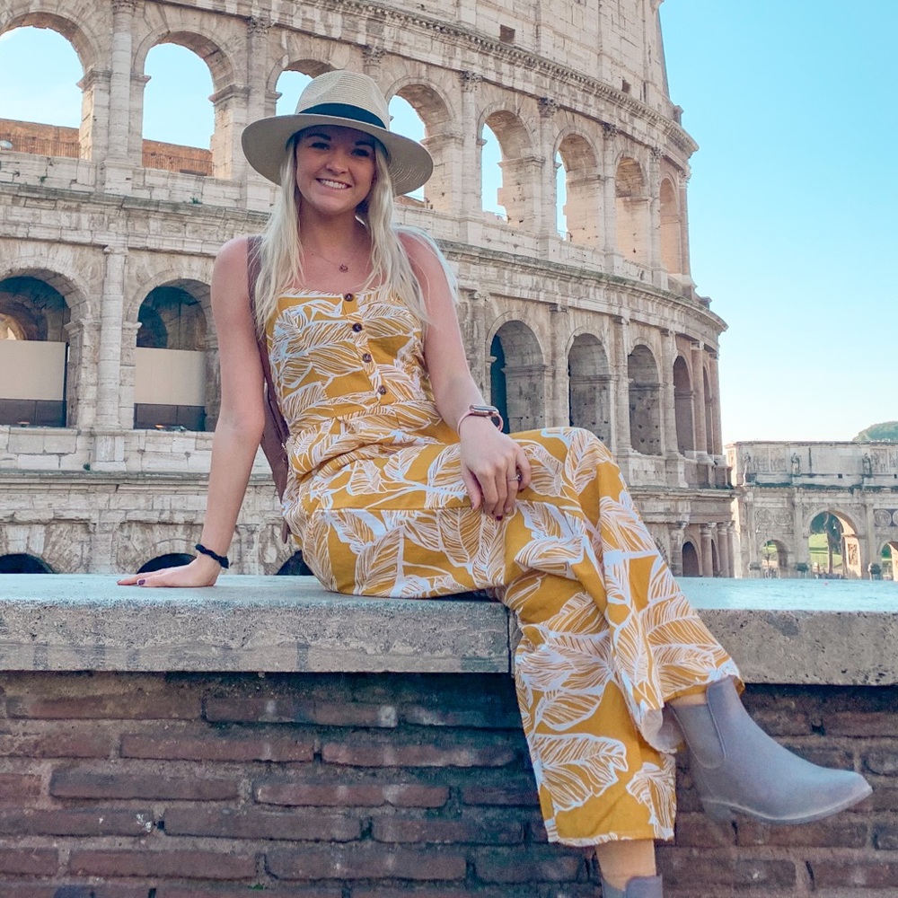 Women's Palm Leaf Print Yellow Jumpsuit